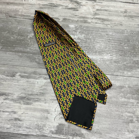 Celine Navy, Gold & Green Link Pattern Silk Tie - Picture 3 of 4